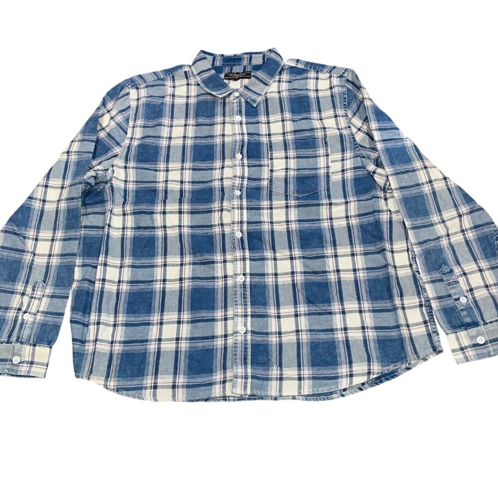 NWT Liverpool Button Down Shirt Men's XL Vintage Washed Plaid Navy Multi Stripe
